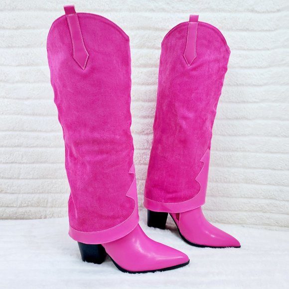 Branded Fuchsia Pink Skirted Fold Over Western Shark Knee High Cowgirl Boots - Picture 8 of 11